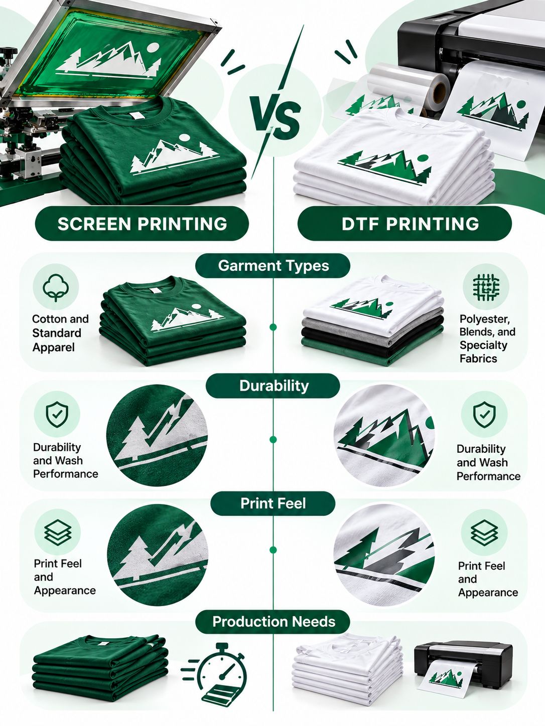 Bulk Screen Printing vs DTF for Garment Types, Durability, and Production Needs