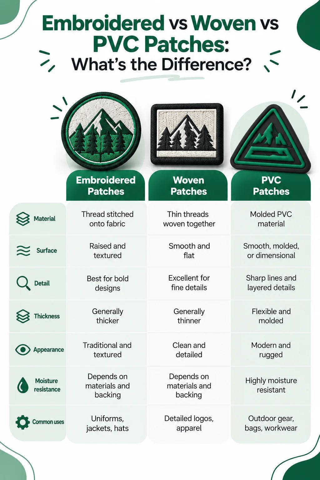 Embroidered vs Woven vs PVC Patches: What’s the Difference